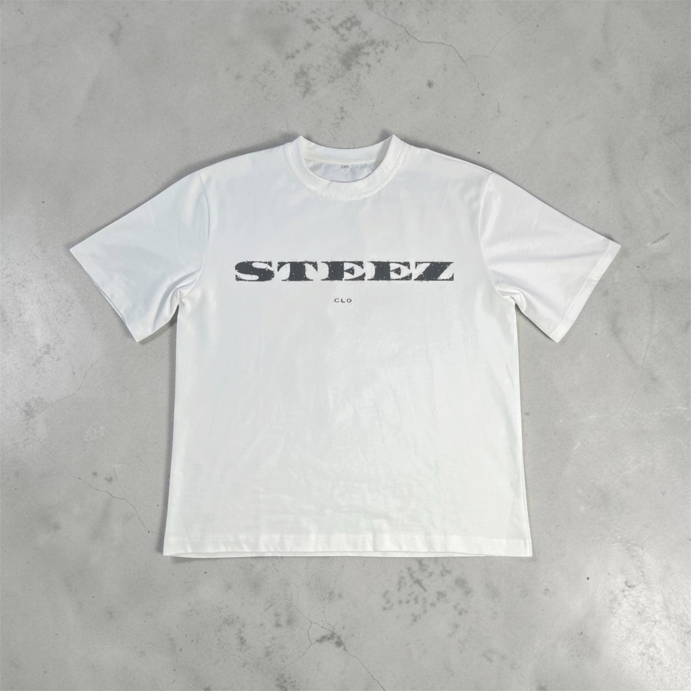 A white short-sleeve crewneck t-shirt with a black 'STEEZ' logo printed across the chest, laid flat on a textured gray concrete surface.